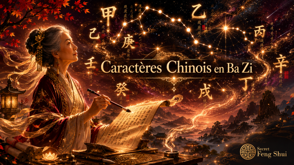 Maîtresse Feng Shui observant les constellations et les caractères chinois du Ba Zi dans un ciel étoilé mystique