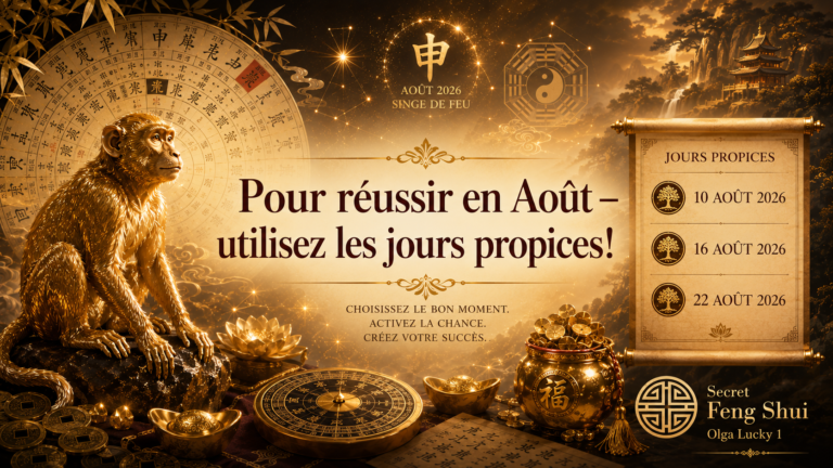 Calendrier des dates favorables Ba Zi août 2026 — guide énergétique mensuel par Olga Lucky 1, Secret Feng Shui
