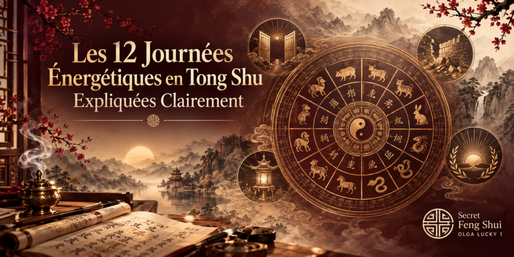 "Calendrier métaphysique chinois Tong Shu illustrant les 12 journées énergétiques du Feng Shui, Ba Zi et Qi Men Dun Jia, avec roue astrologique et symboles traditionnels"