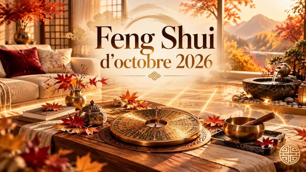 Feng Shui d’octobre 2026 : boussole Luo Pan en laiton, fontaine et bol chantant dans un salon d’automne aux tons ivoire et or